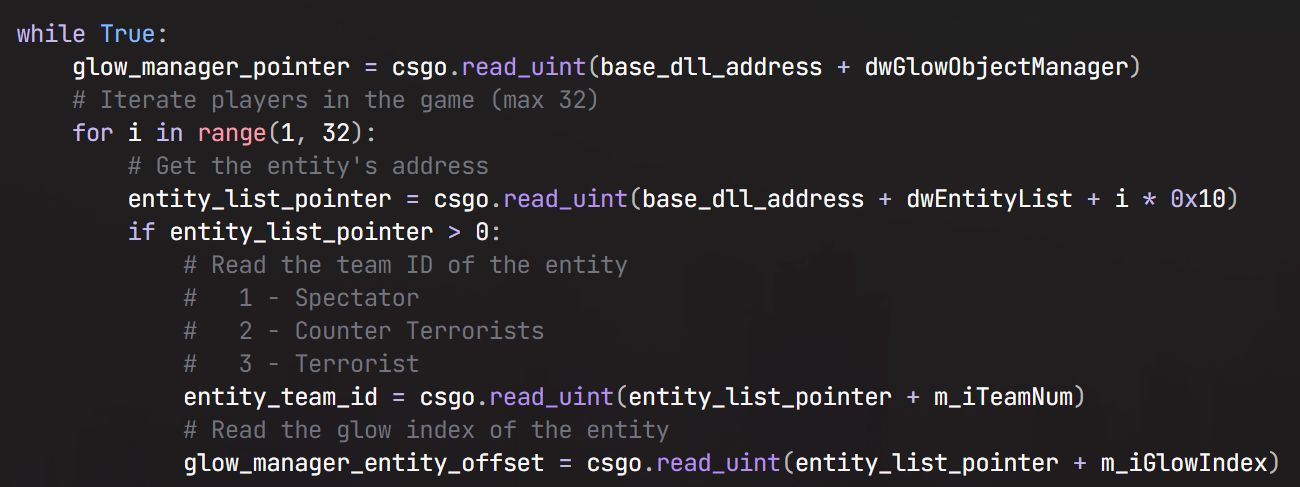 Screenshot of Python code walking entity slots and reading team and glow metadata