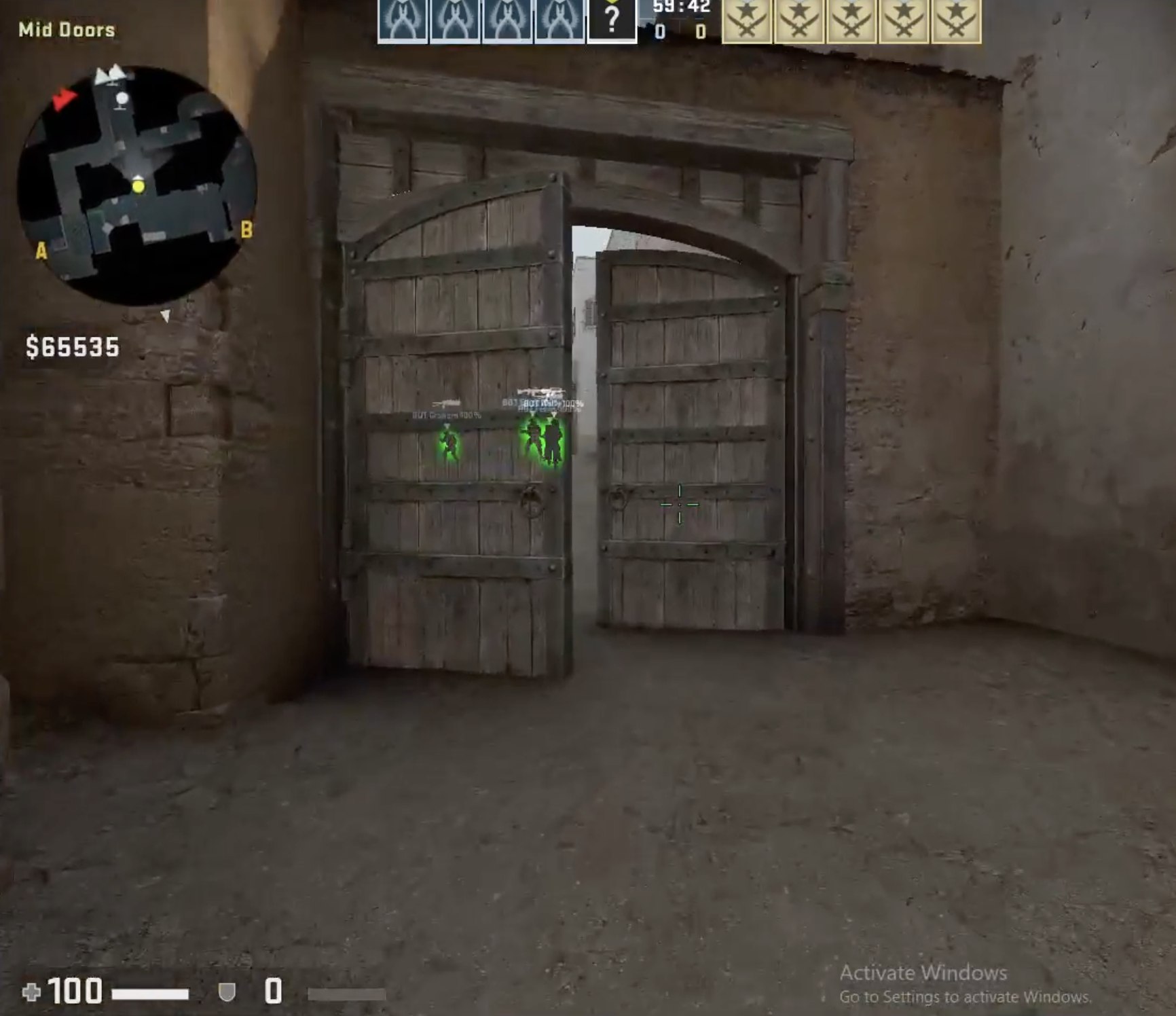 CS:GO offline lab screenshot showing green glow silhouettes visible through Mid Doors