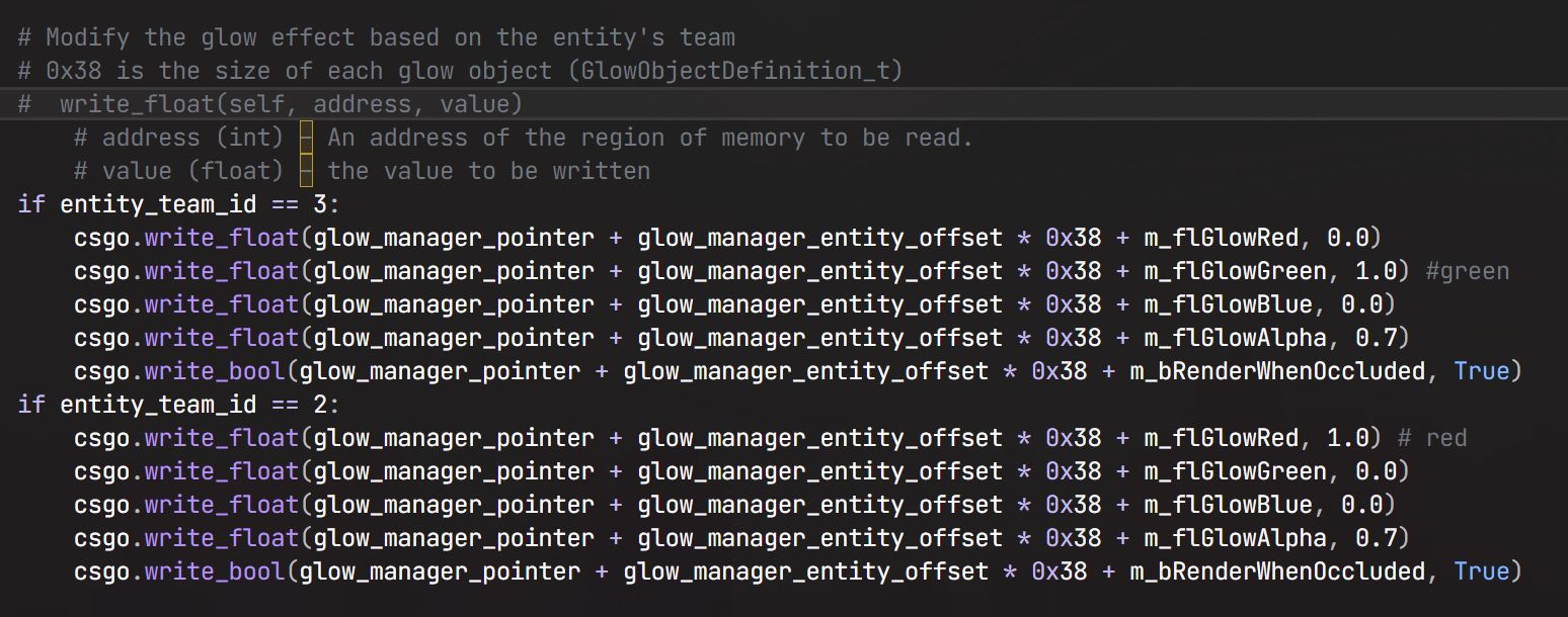 Screenshot of Python code branching on team metadata and writing glow color state