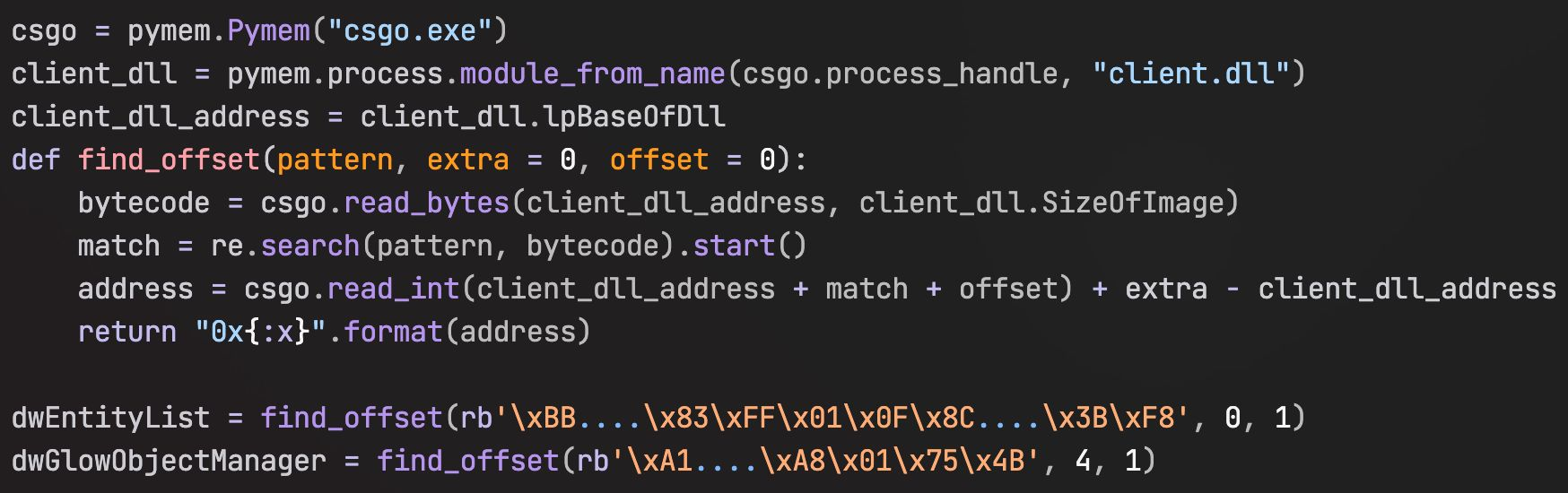 Screenshot of Python code used to scan a client module byte sequence and resolve runtime relationships