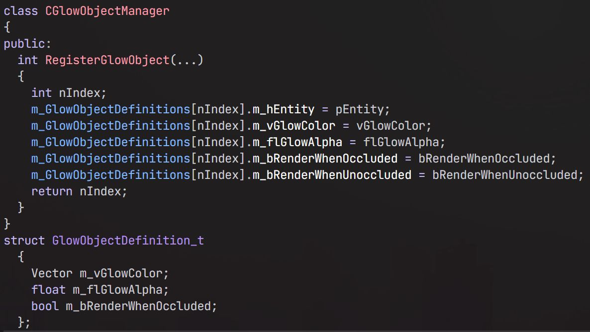 Screenshot of a C++ glow object manager and glow object definition structure used as a reference model