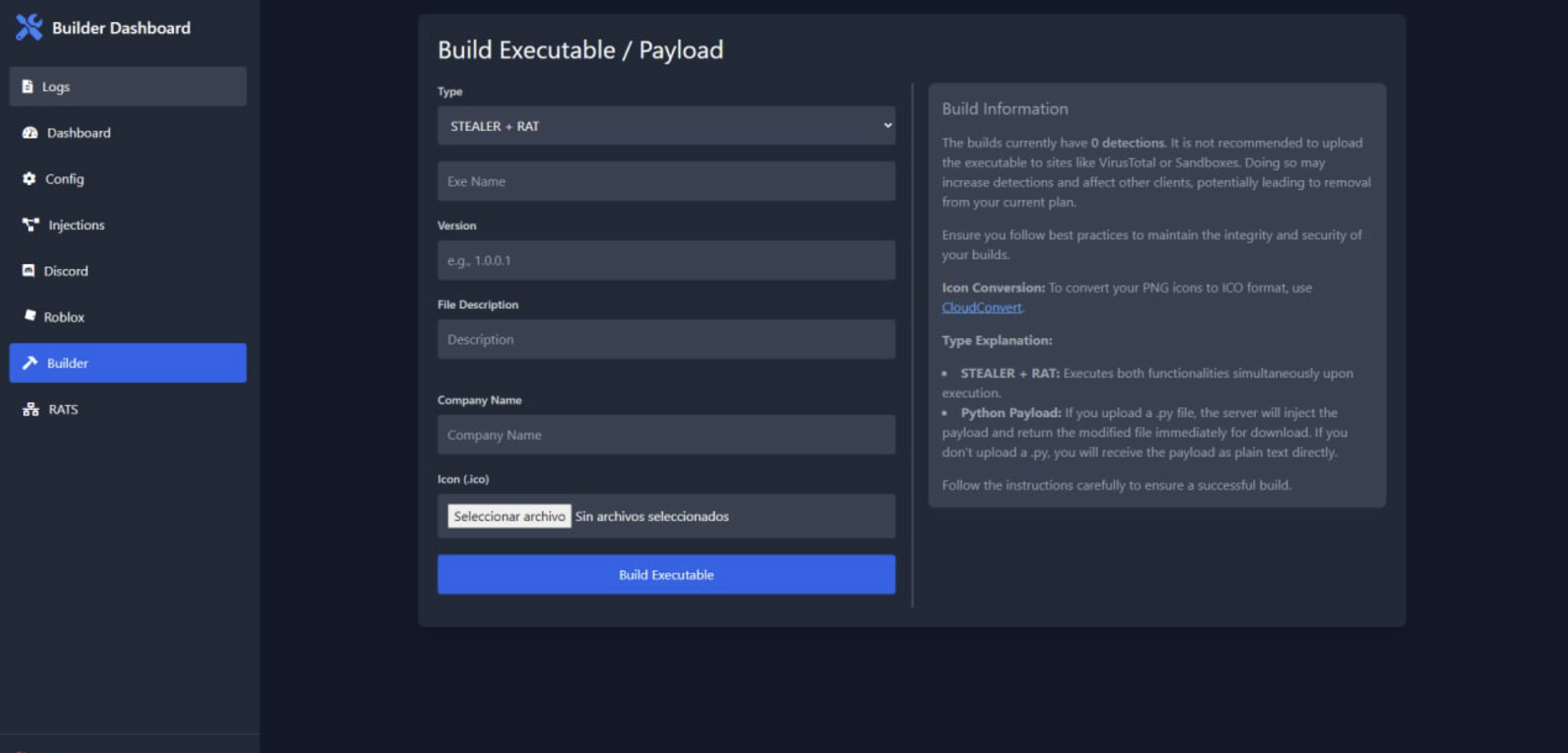 Ebola Stealer Builder Interface