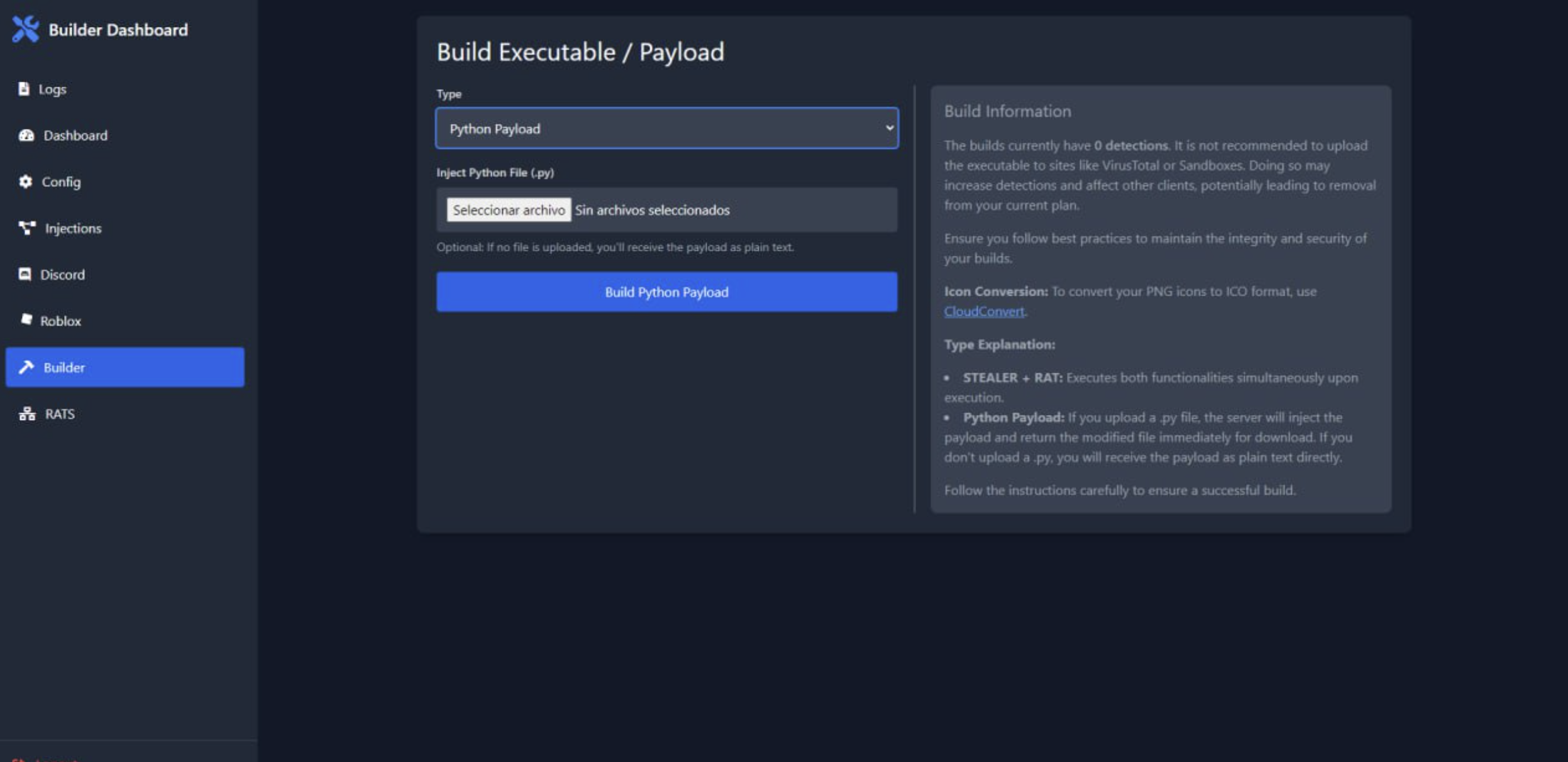 Ebola Stealer Builder Interface