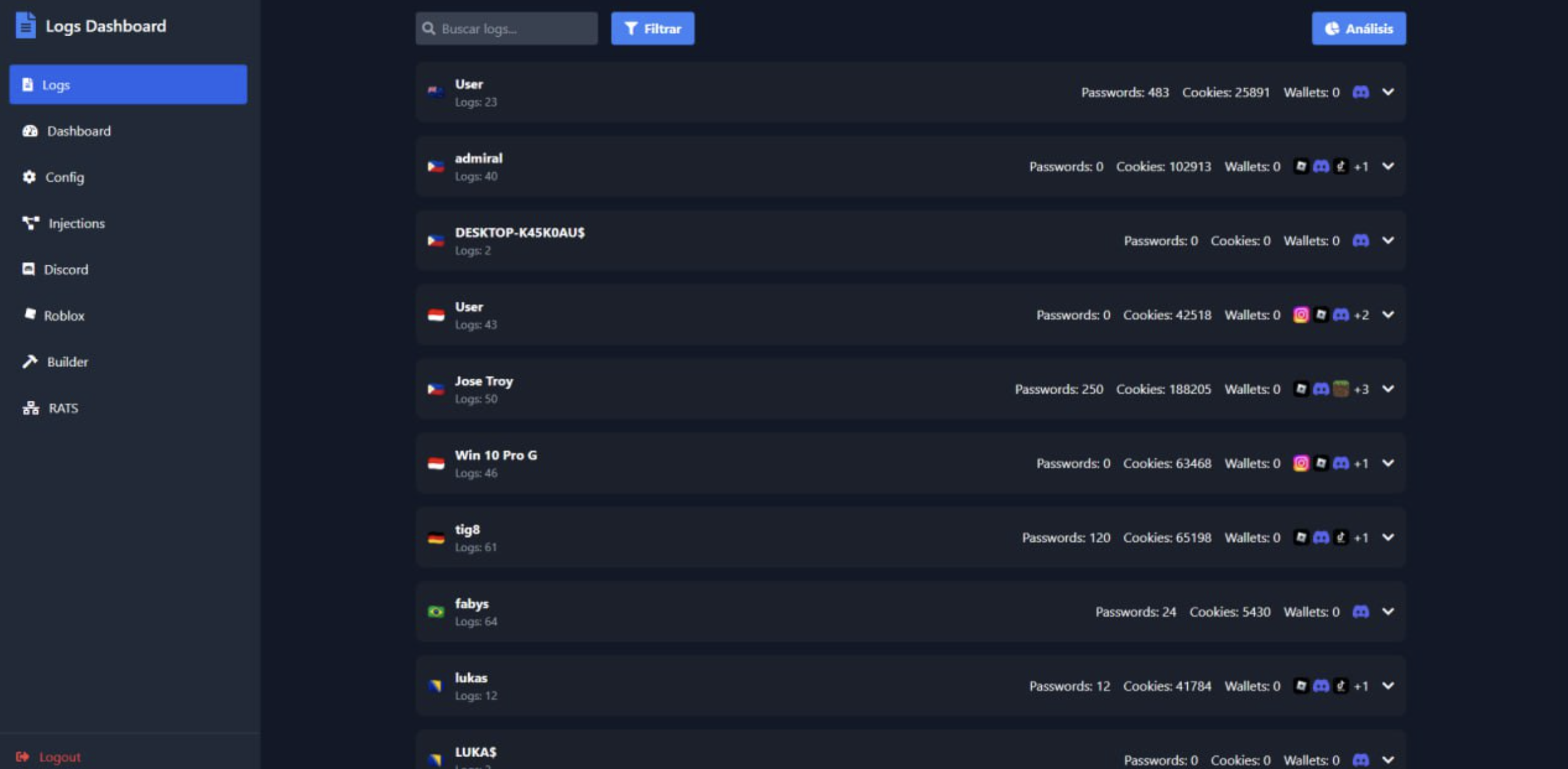 Ebolas Stealer Logs Interface