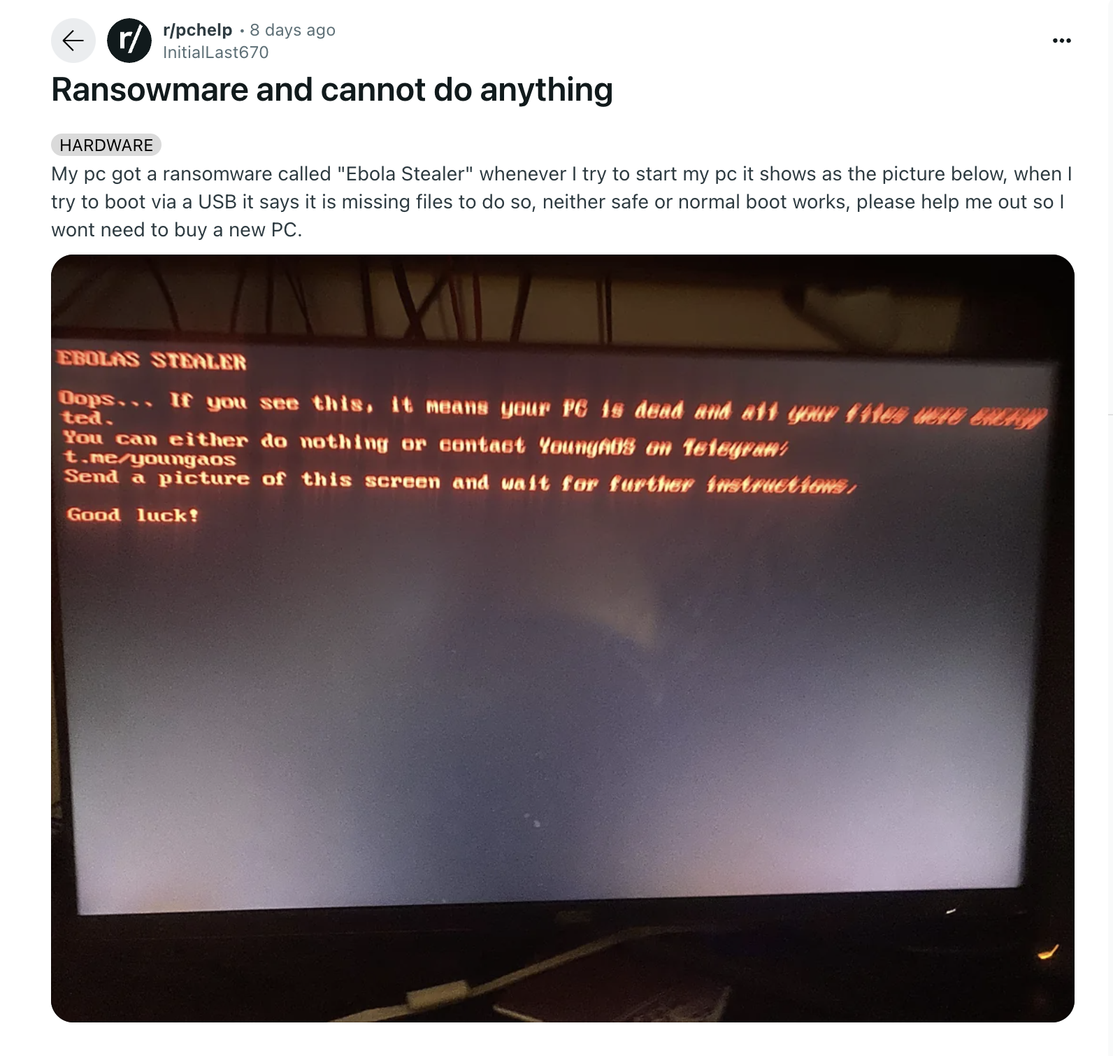 Ebolas ransomware note displayed on infected system